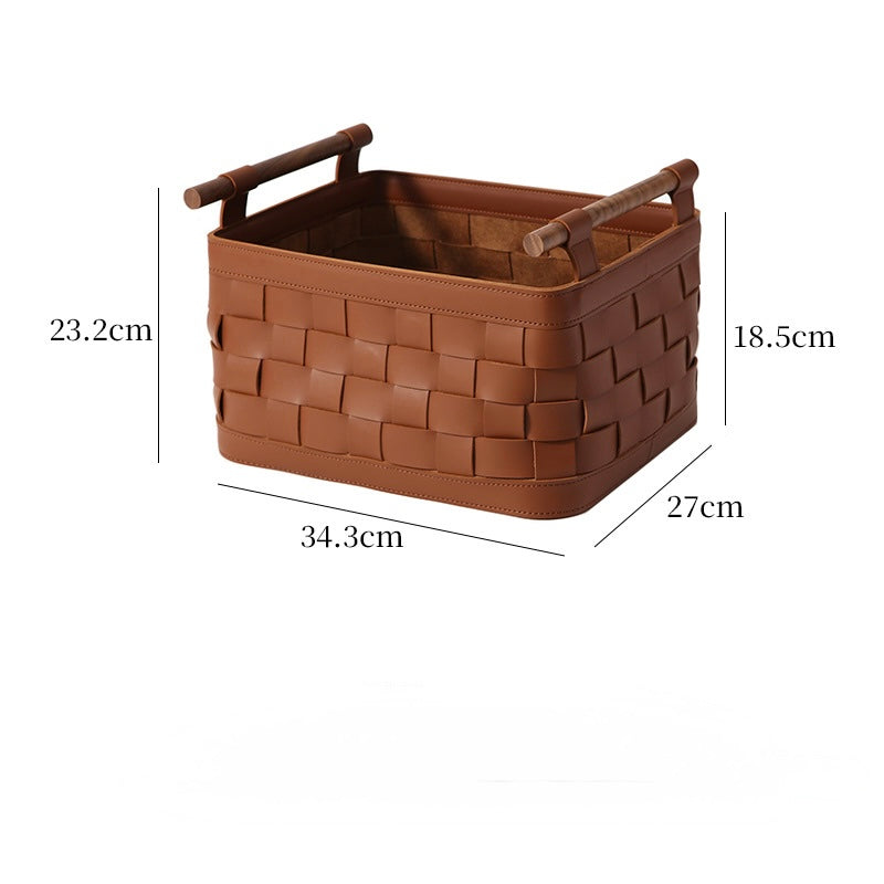 Handwoven Genuine Leather Storage Basket with Wooden Handles Berriscent