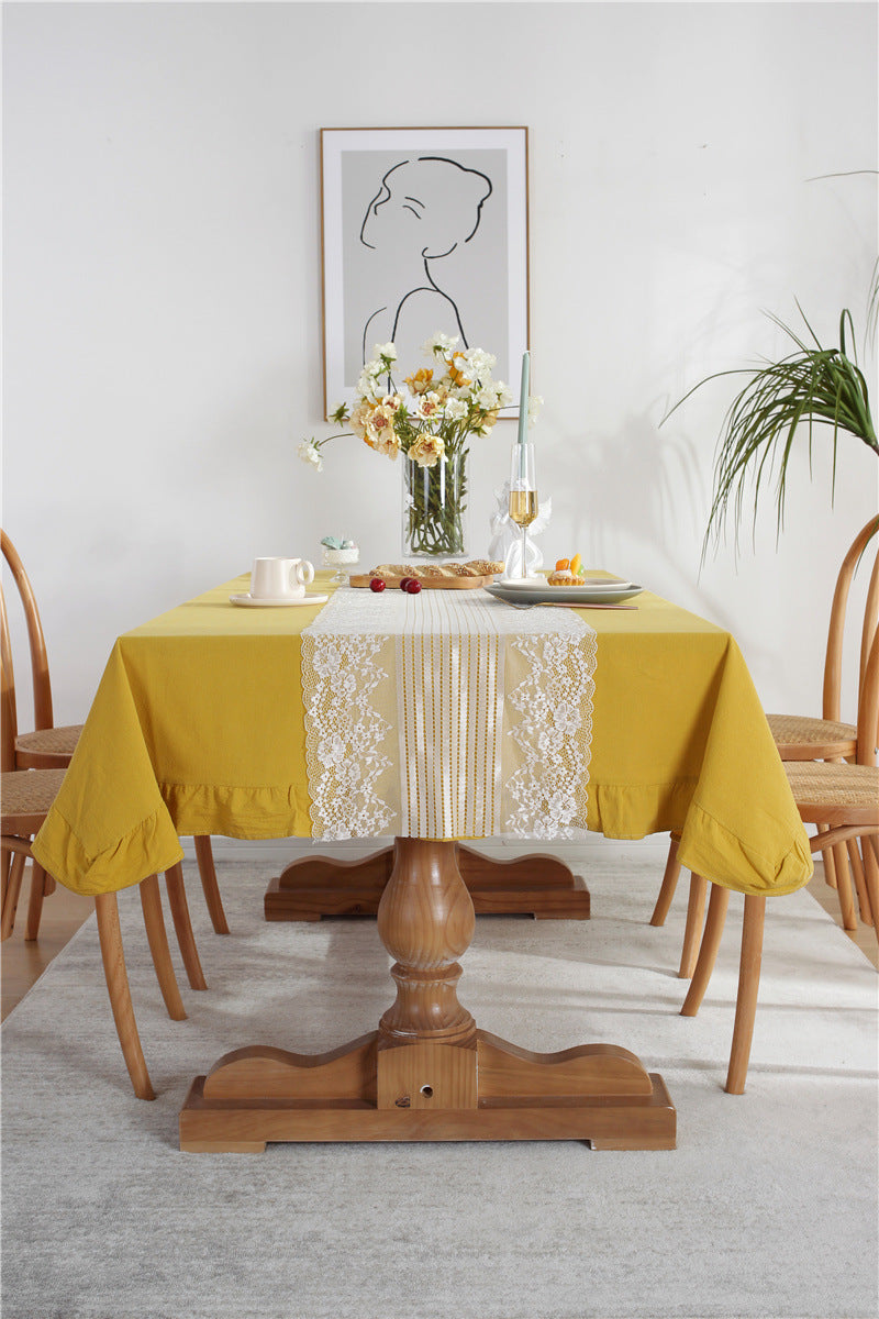 Golden Mustard Tablecloth and White Lace Runner Set Berriscent