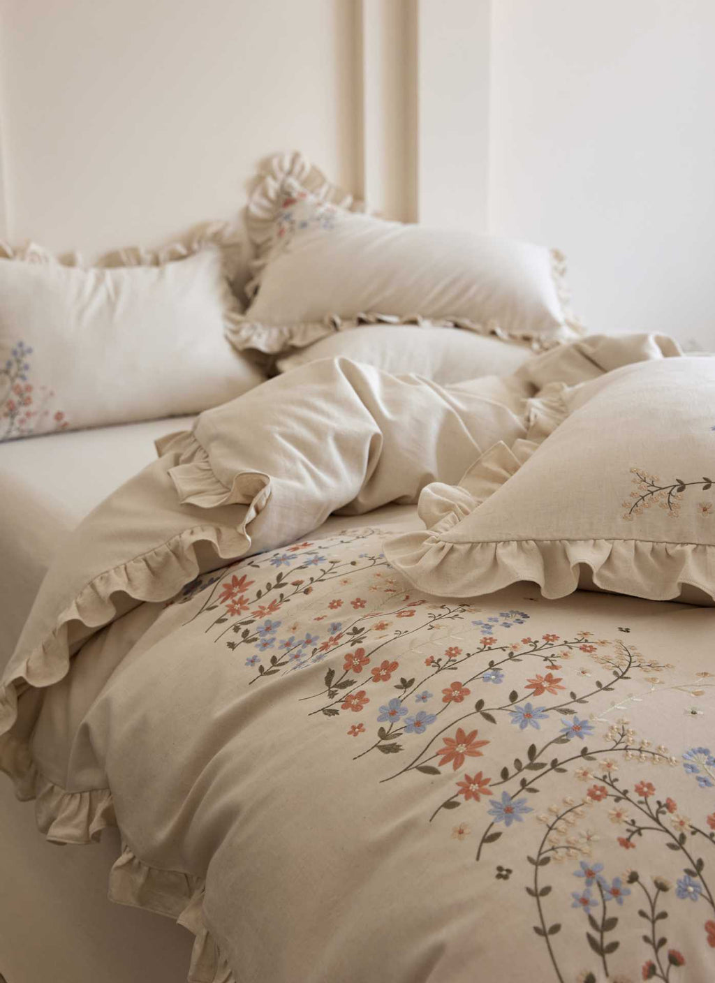 The Wildflower Heirloom | Ruffled & Embroidered Linen Cotton Bed Linen