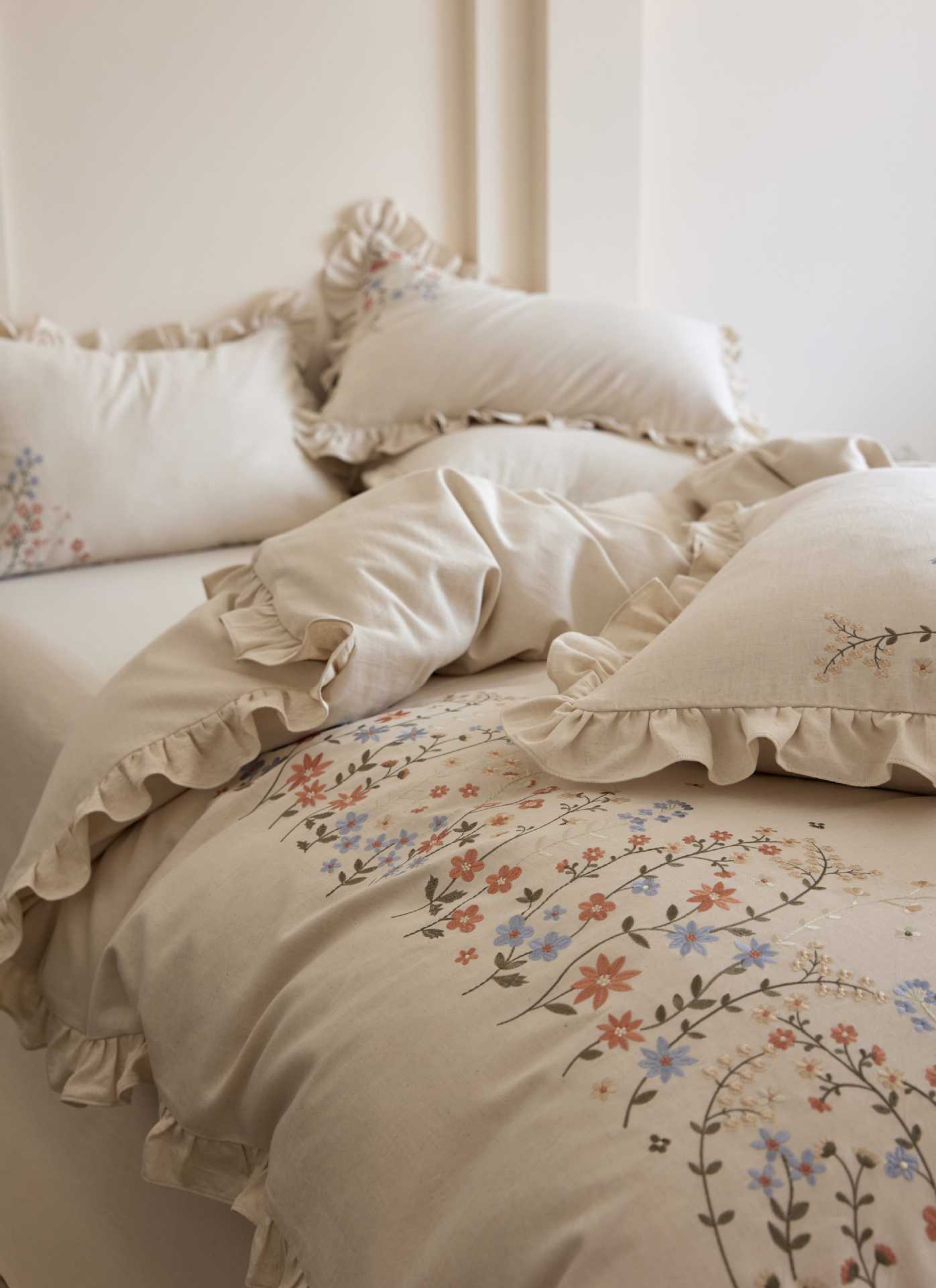 The Wildflower Heirloom | Ruffled & Embroidered Linen Cotton Bed Linen