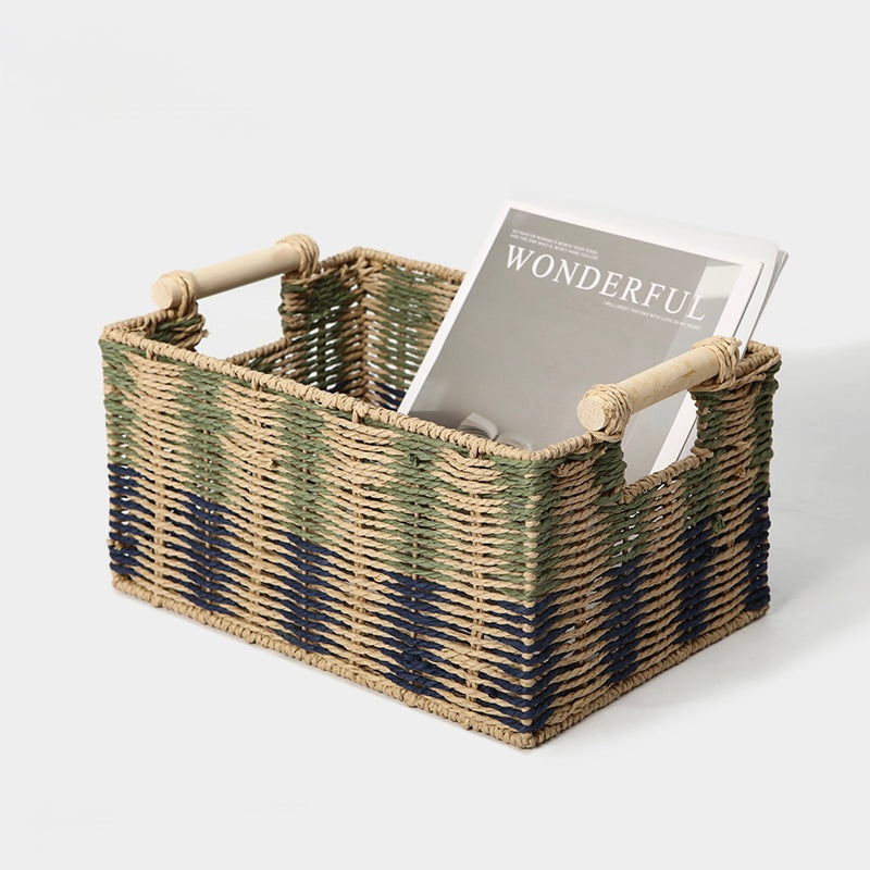 Handwoven Paper Rope Storage Basket with Wooden Handles Berriscent