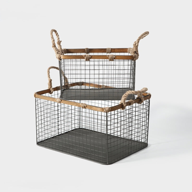 Industrial Wire Storage Basket with Wooden Frame Berriscent