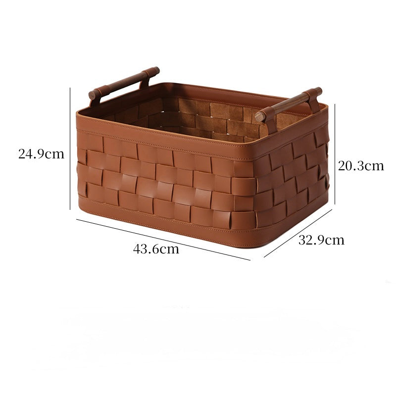 Handwoven Genuine Leather Storage Basket with Wooden Handles Berriscent
