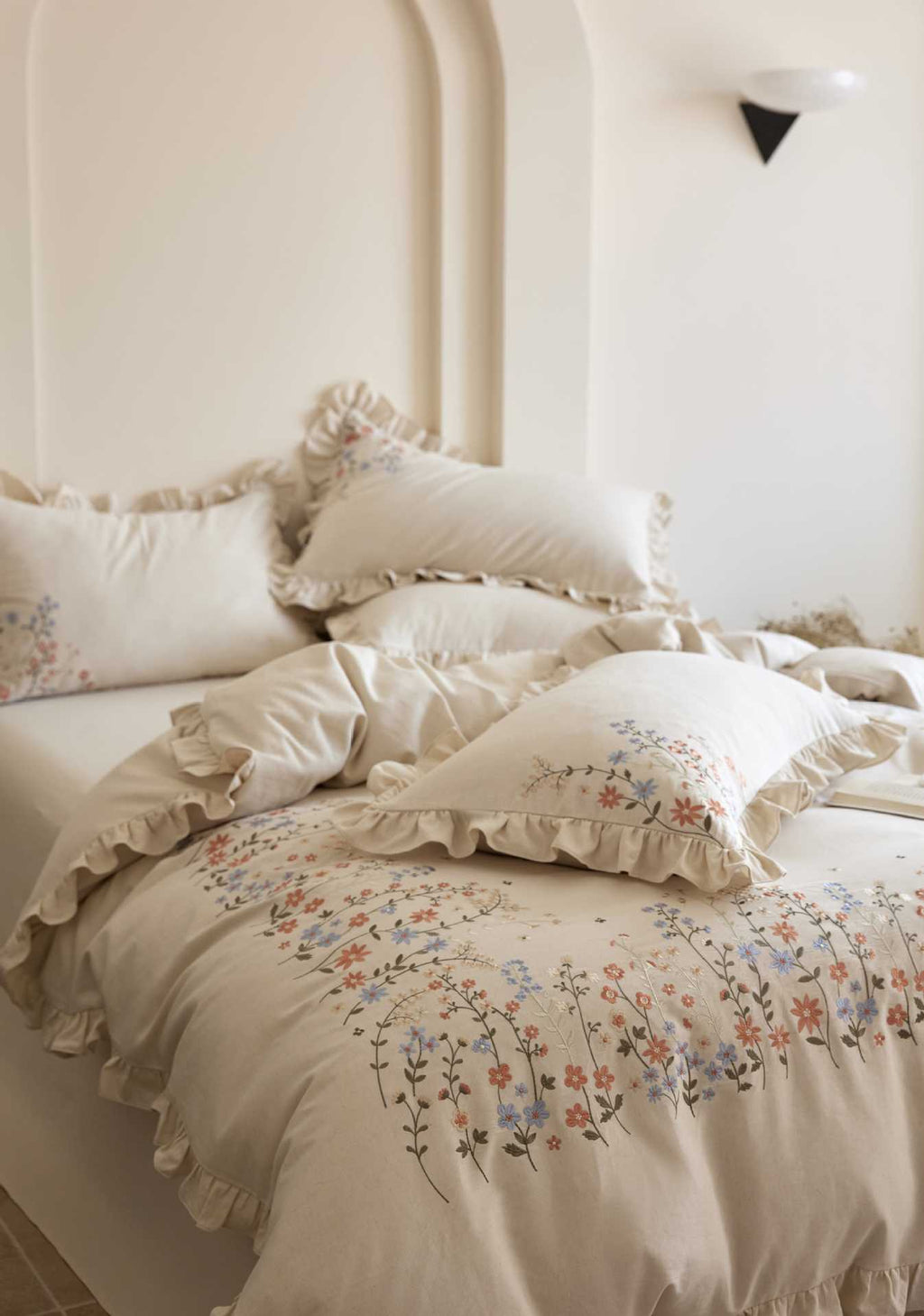 The Wildflower Heirloom | Ruffled & Embroidered Linen Cotton Bed Linen