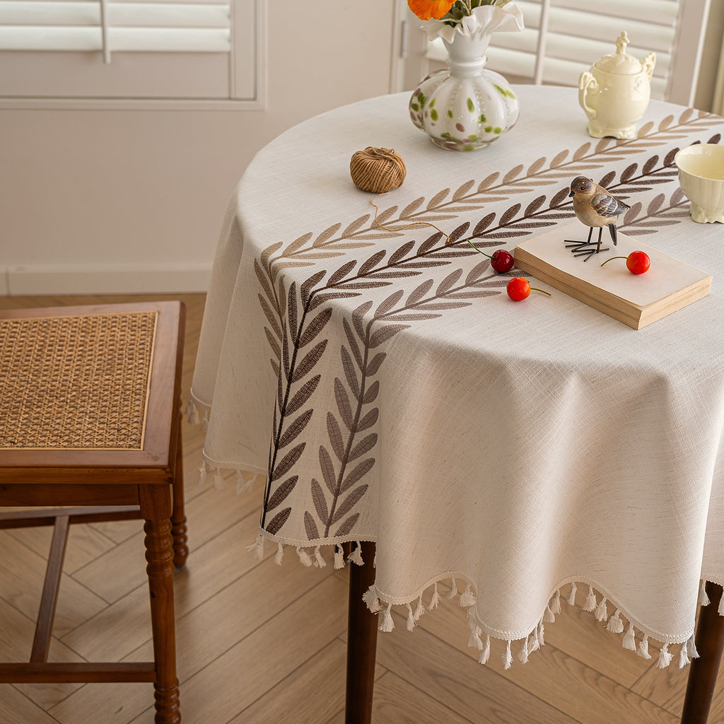 Nordic Leaf Embroidered Round Tablecloth Berriscent