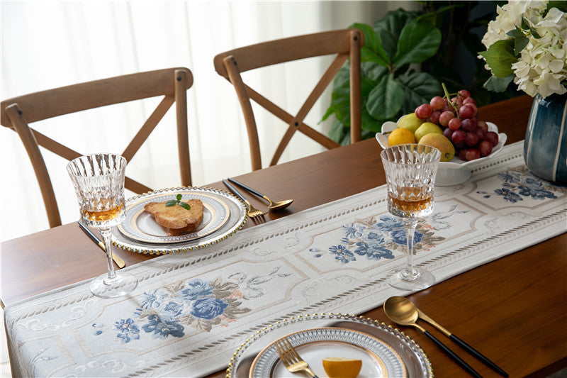 Ivory Blue Jacquard Floral Table Runner with Tassels Berriscent