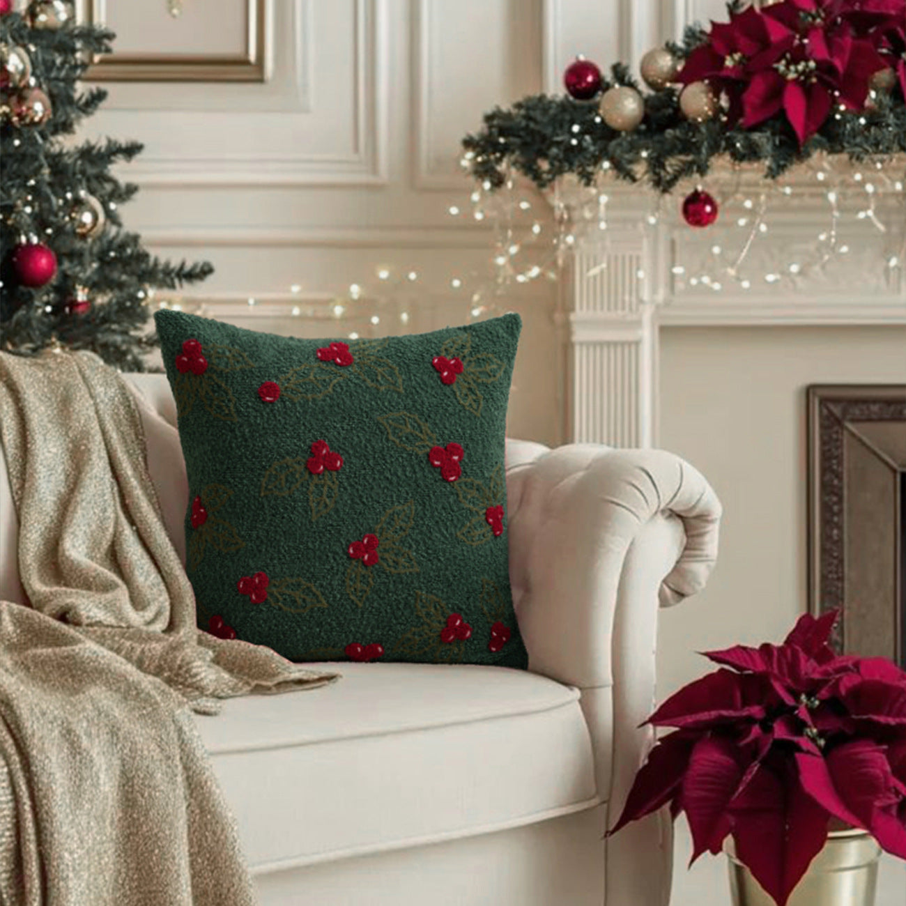 Christmas Green Textured Pillow Collection – Embroidered Covers & Tree Cushion Berriscent