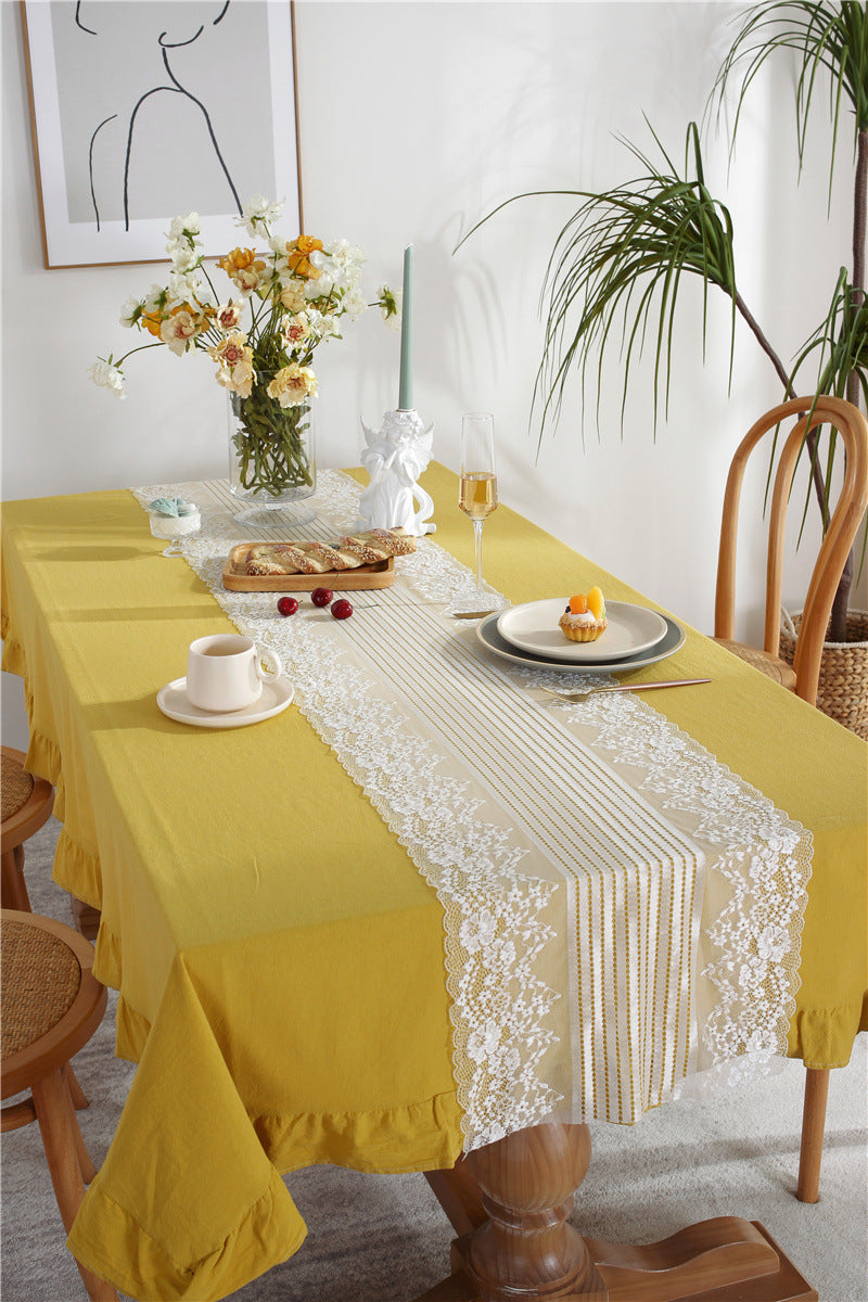 Golden Mustard Tablecloth and White Lace Runner Set Berriscent