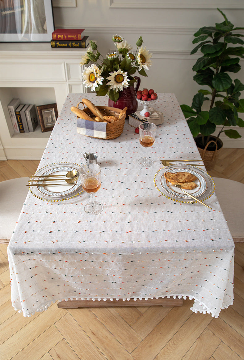 French Romantic Pom Pom Embroidered Tablecloth Berriscent
