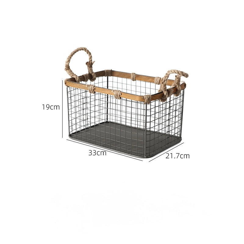 Industrial Wire Storage Basket with Wooden Frame Berriscent