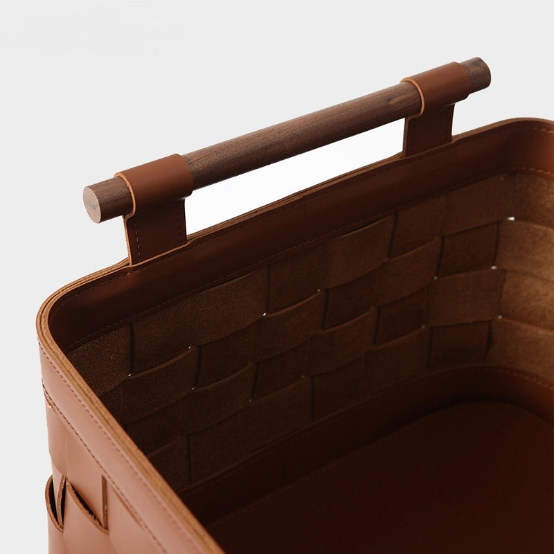 Handwoven Genuine Leather Storage Basket with Wooden Handles Berriscent