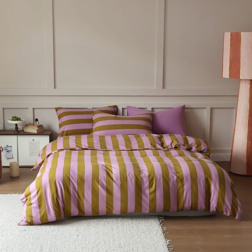 Soft Stripe Cotton Bedding Set — Lilac & Olive Berriscent
