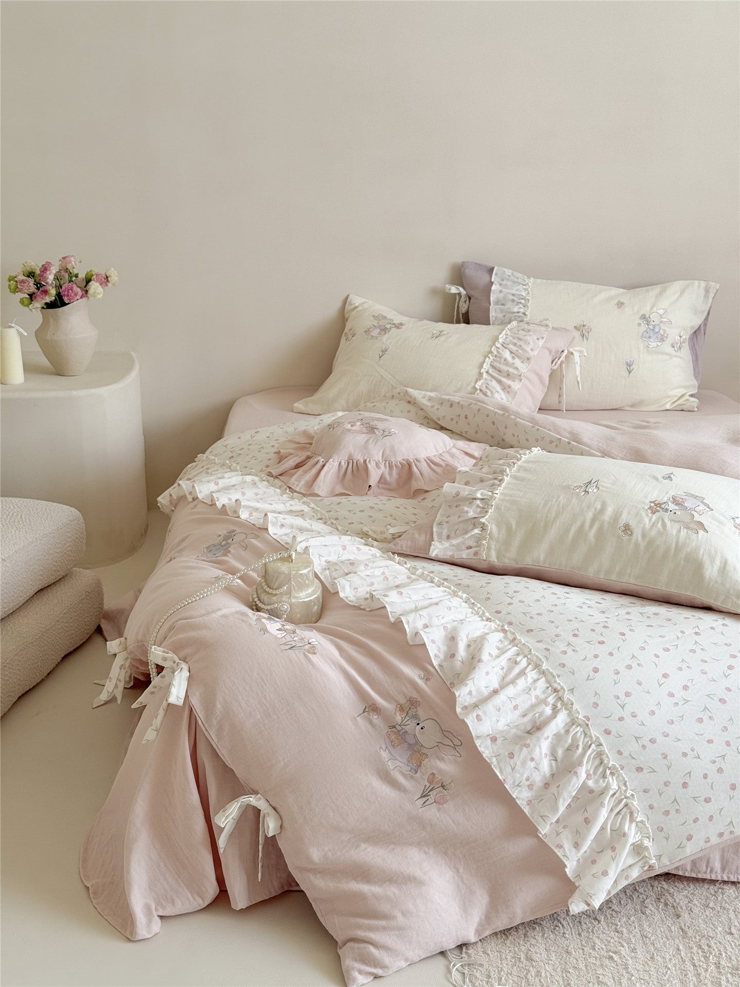 The Lapin Ribbon | Embroidered Bunny & Ruffle Bed Linen