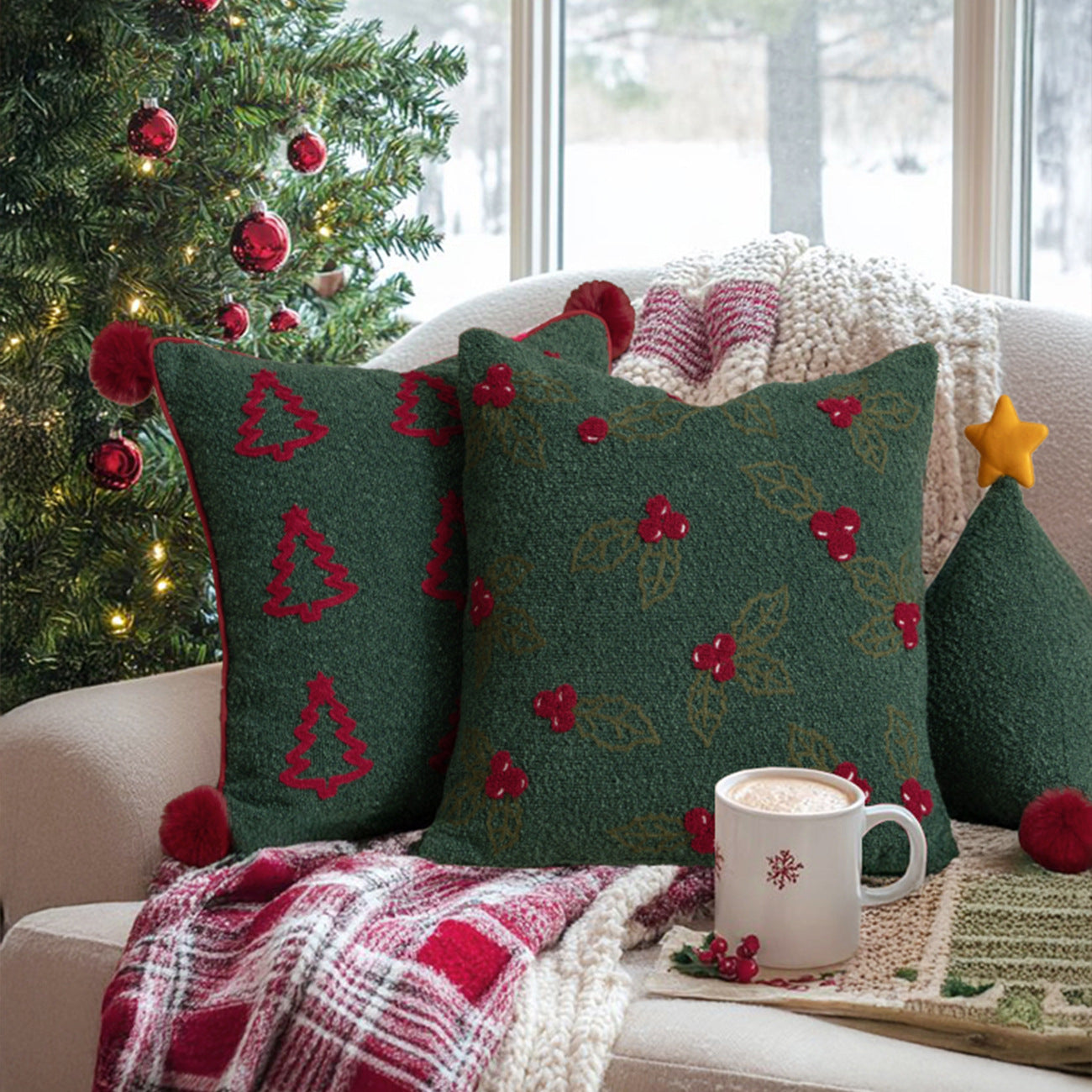 Christmas Green Textured Pillow Collection – Embroidered Covers & Tree Cushion Berriscent
