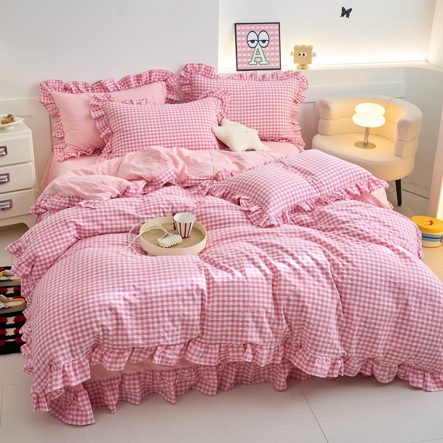Blush Meadow Gingham Bedding Set Berriscent