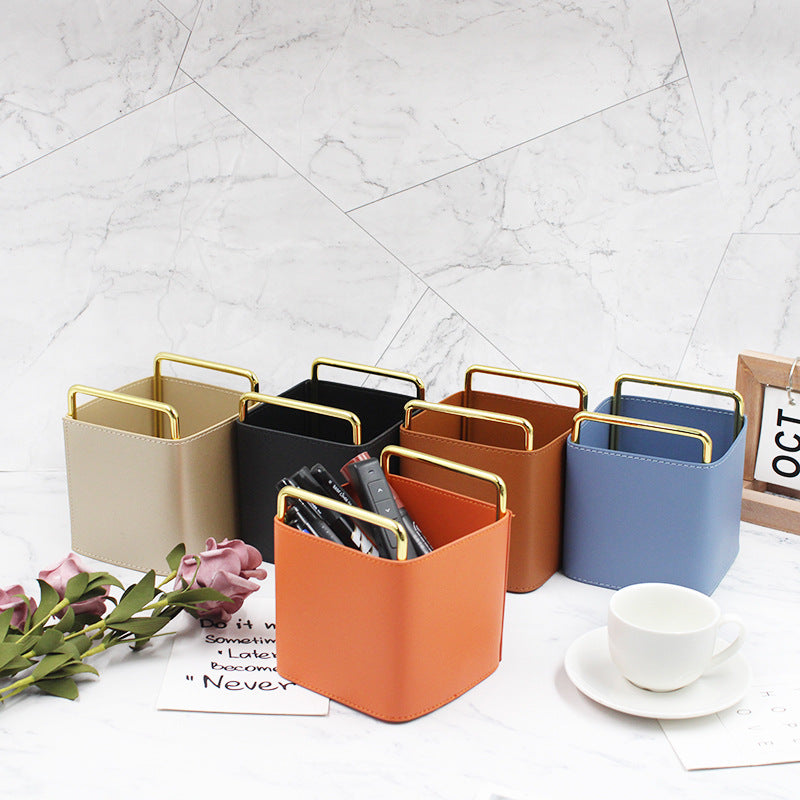 Luxury Leather Desk Organiser with Brass Frame | Modern Home Storage