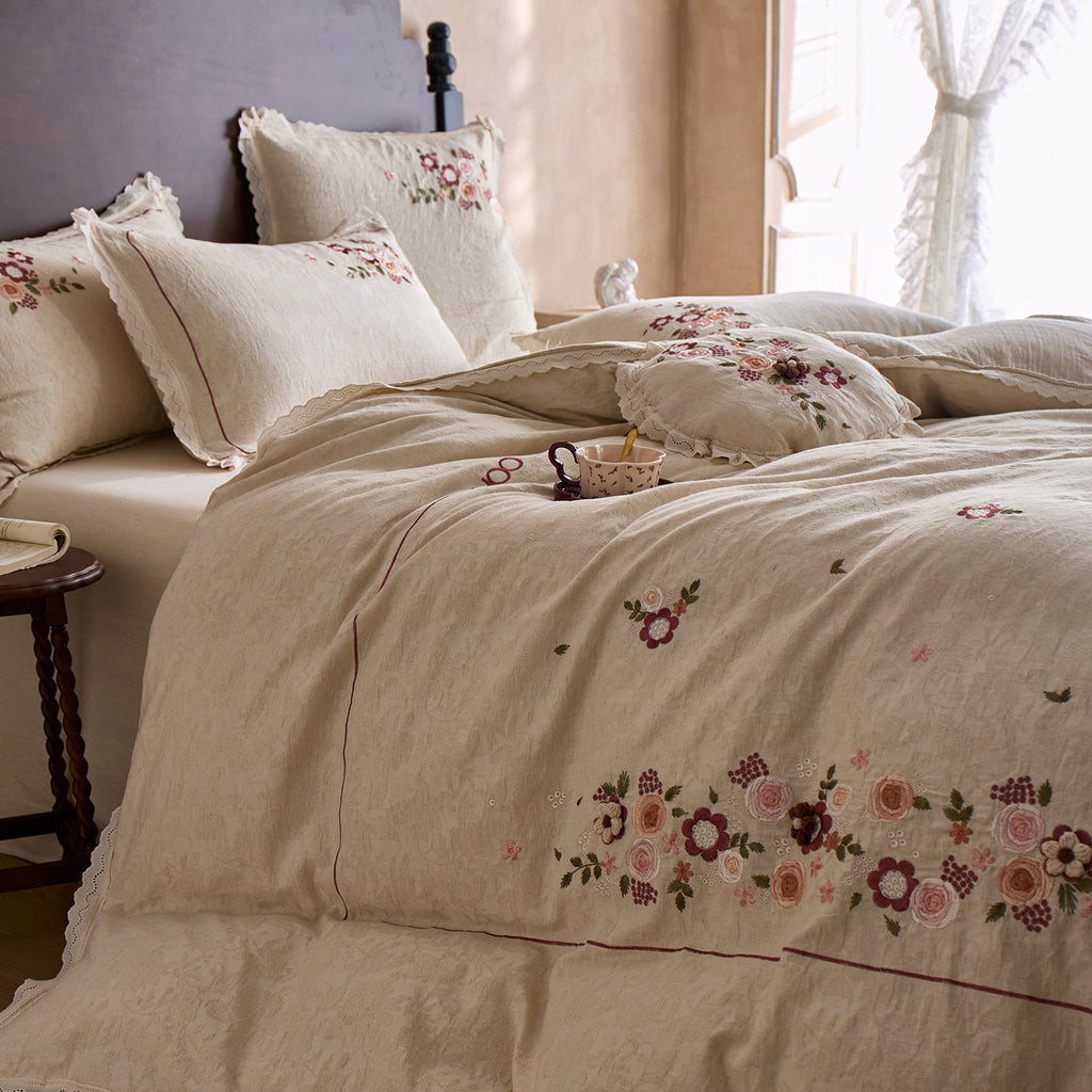 Rosé Heritage Cotton & Linen Embroidered Bedding Set Berriscent