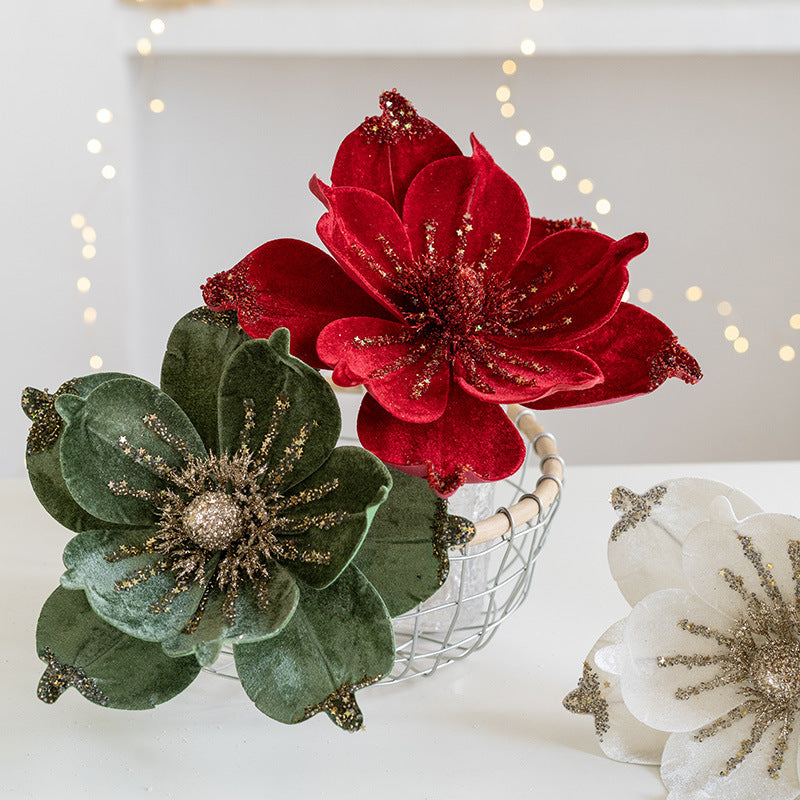 Velvet Glitter Christmas Flowers – Pair (2 pcs), 24 cm Berriscent
