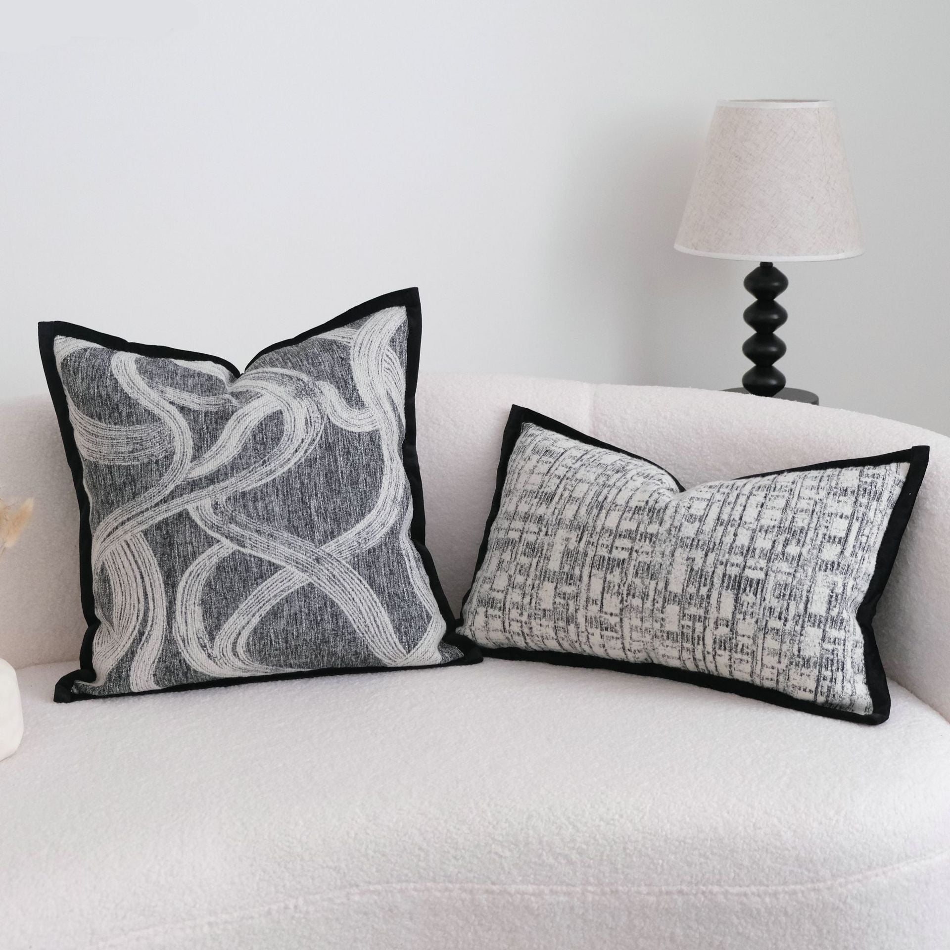 Abstract Woven Cushion Cover Collection – Textured Black & Ivory Berriscent