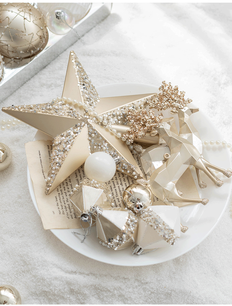 Luxury Gold & White Christmas Ornaments Collection – Elegant Baubles, Reindeer & Star Decorations