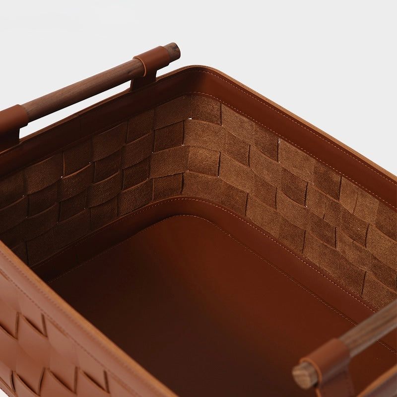 Handwoven Genuine Leather Storage Basket with Wooden Handles Berriscent
