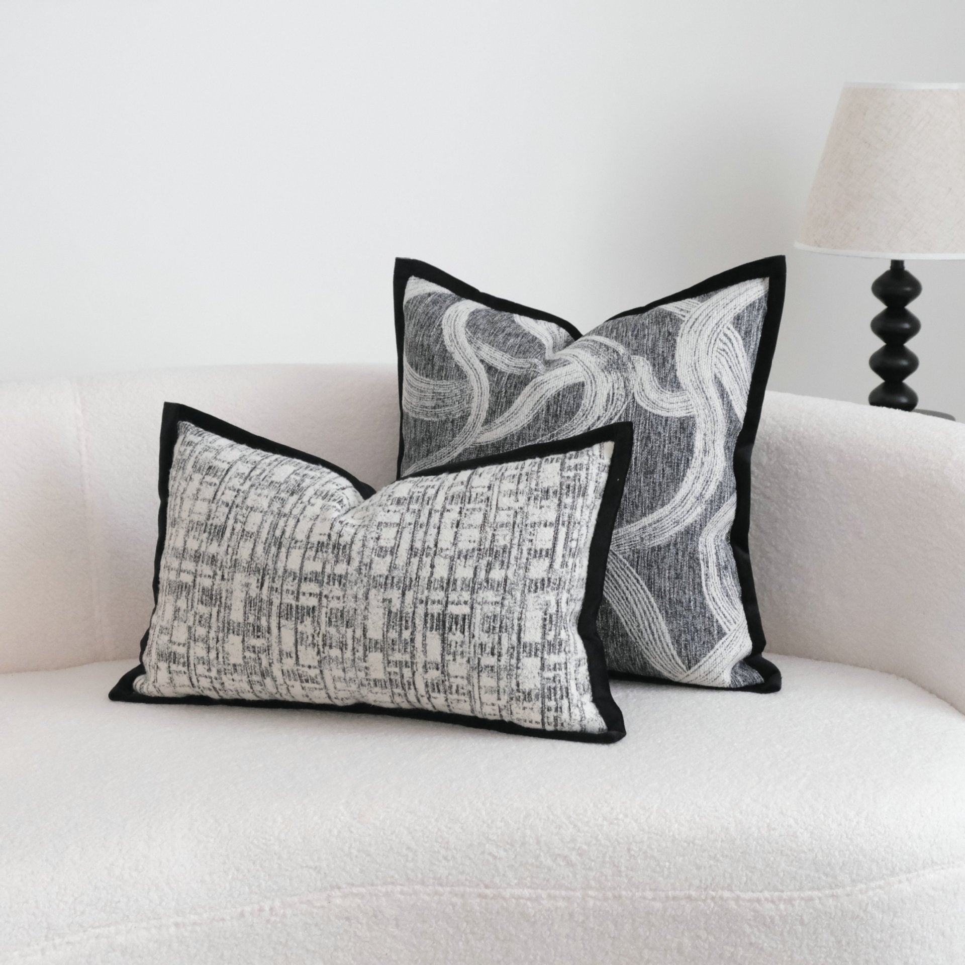 Abstract Woven Cushion Cover Collection – Textured Black & Ivory Berriscent