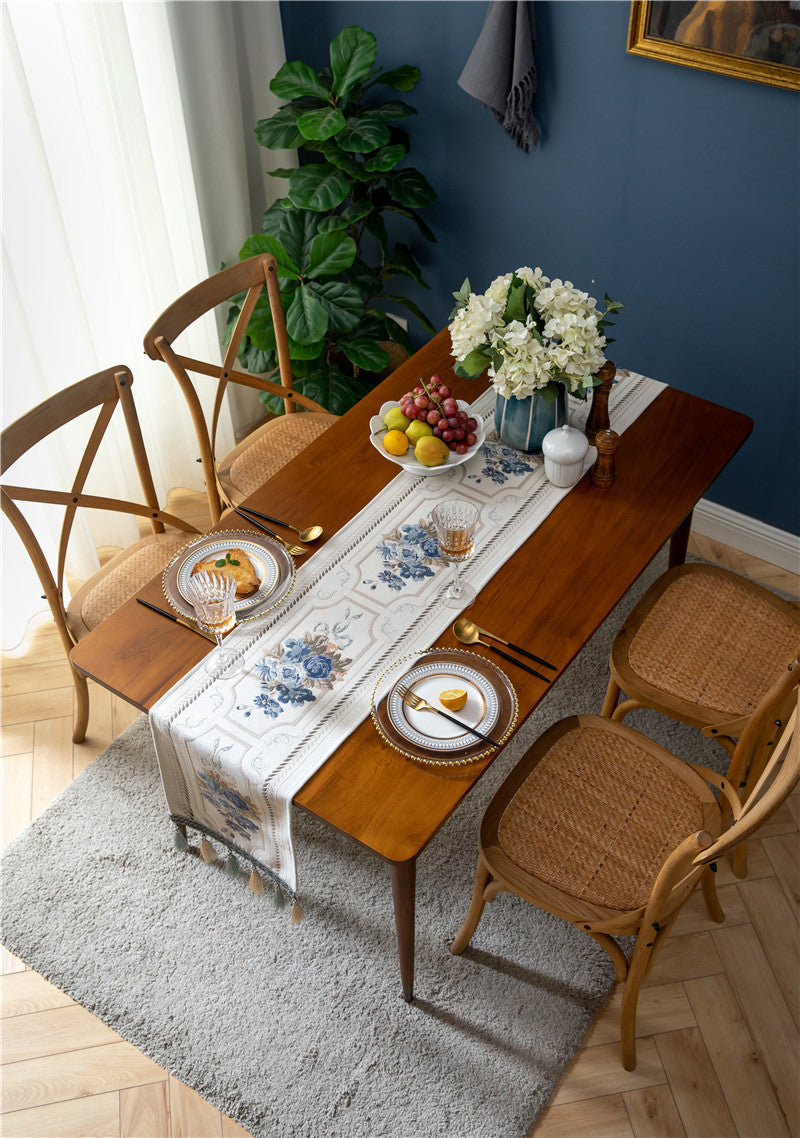 Ivory Blue Jacquard Floral Table Runner with Tassels Berriscent