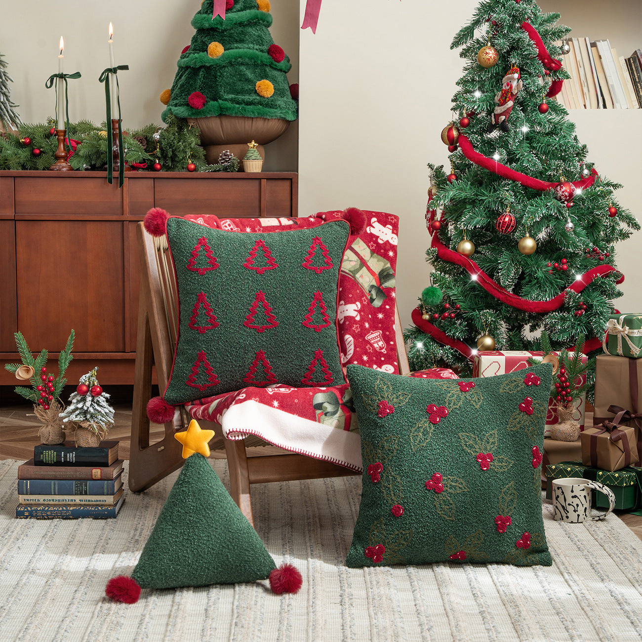 Christmas Green Textured Pillow Collection – Embroidered Covers & Tree Cushion Berriscent