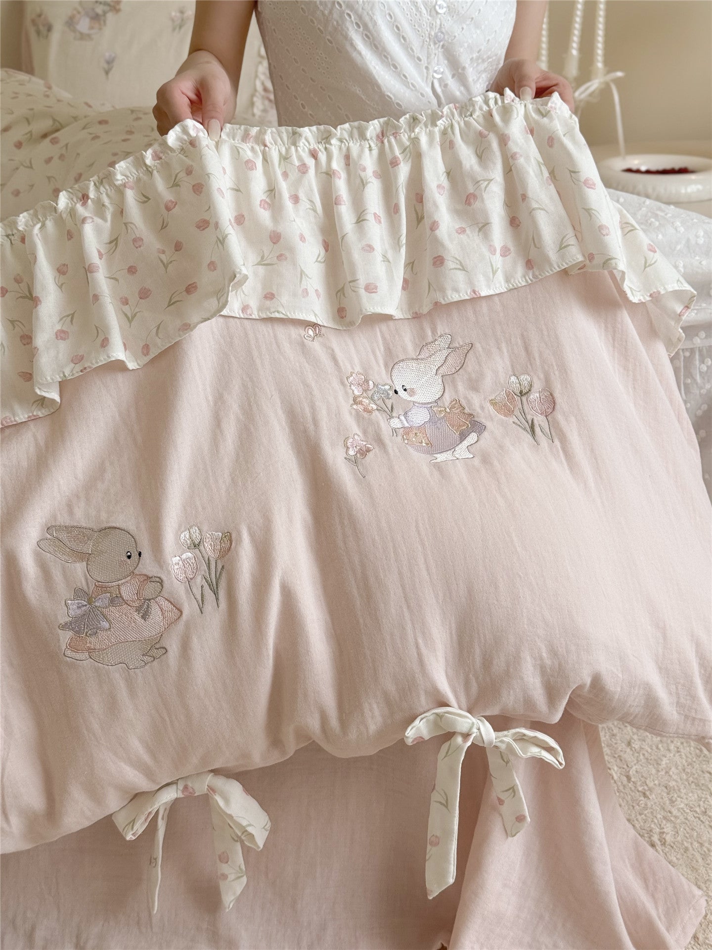 The Lapin Ribbon | Embroidered Bunny & Ruffle Bed Linen