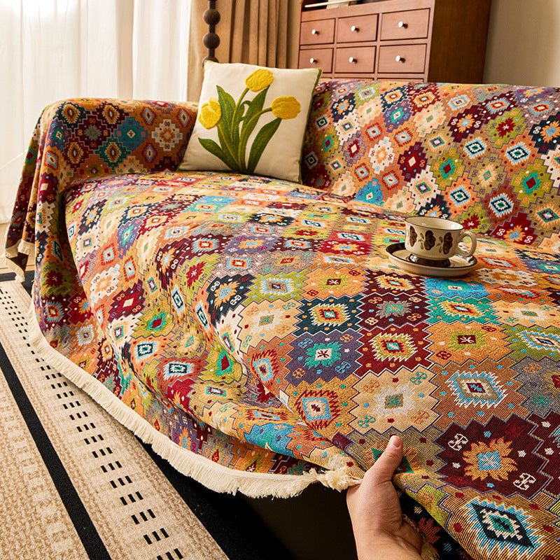 Ethnic Jacquard Cotton-Linen Sofa Throw Berriscent