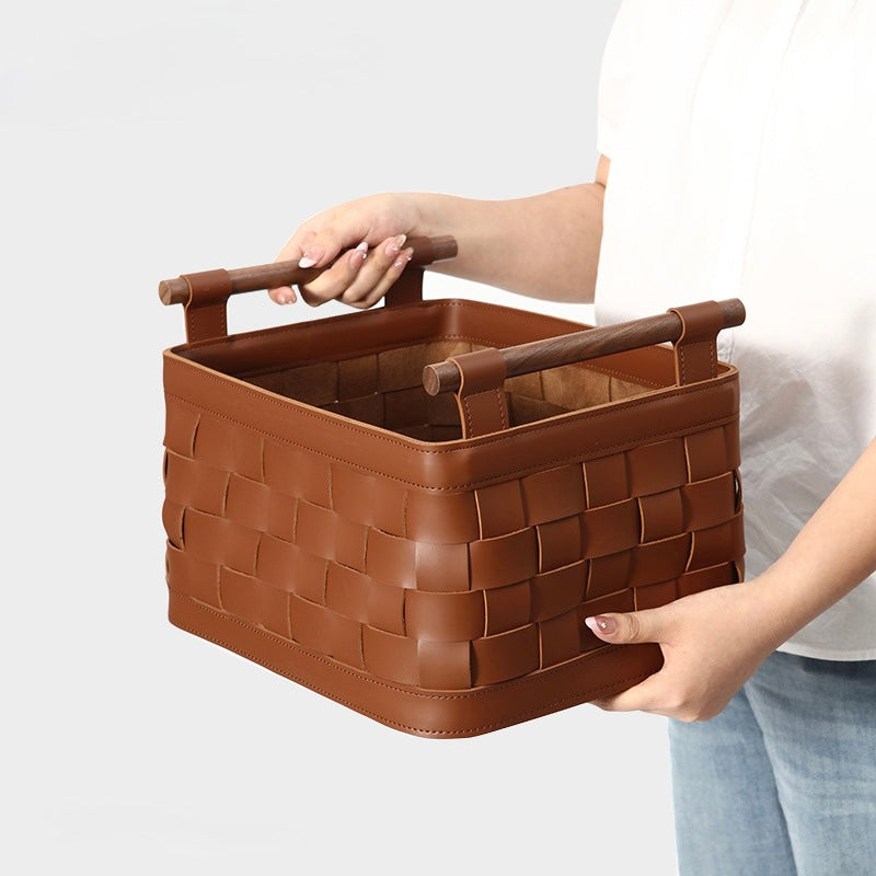 Handwoven Genuine Leather Storage Basket with Wooden Handles Berriscent