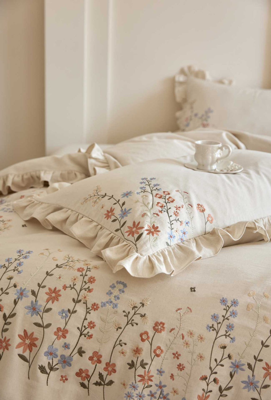 The Wildflower Heirloom | Ruffled & Embroidered Linen Cotton Bed Linen
