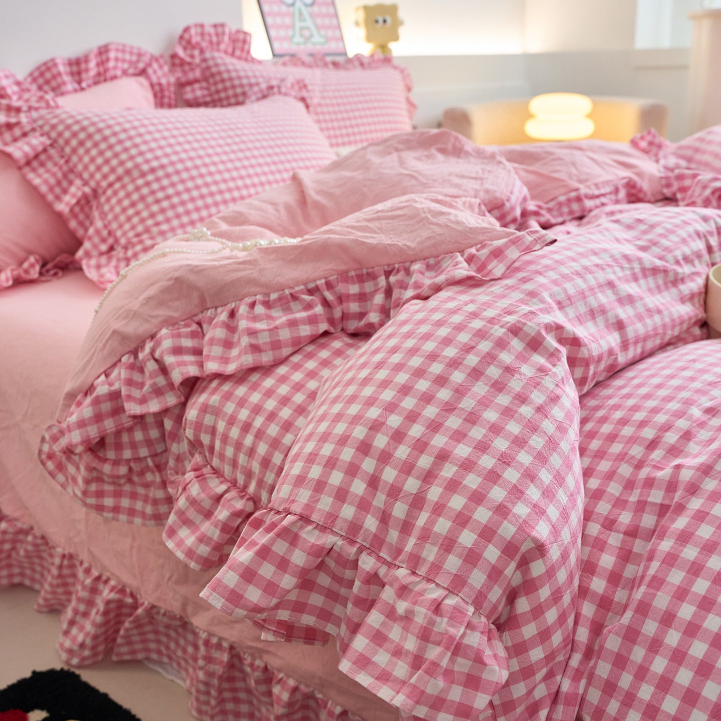 Blush Meadow Gingham Bedding Set Berriscent