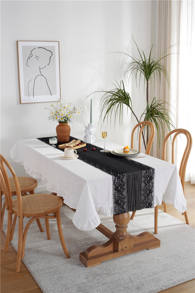 White Tablecloth and Black Lace Runner Set Berriscent