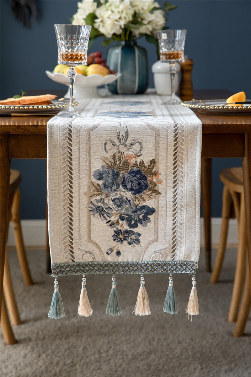Ivory Blue Jacquard Floral Table Runner with Tassels Berriscent