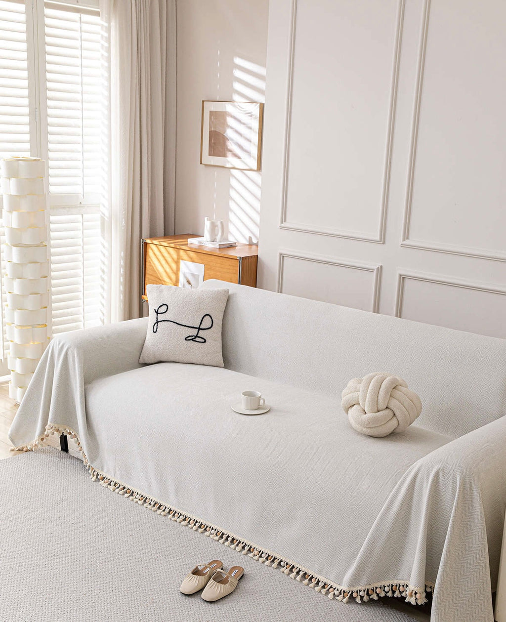 Pom-Tassel Chenille Sofa Cover Berriscent