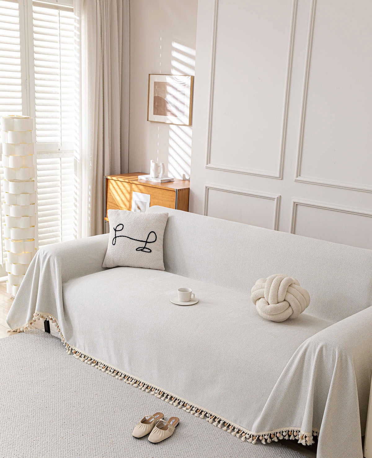 Pom-Tassel Chenille Sofa Cover Berriscent