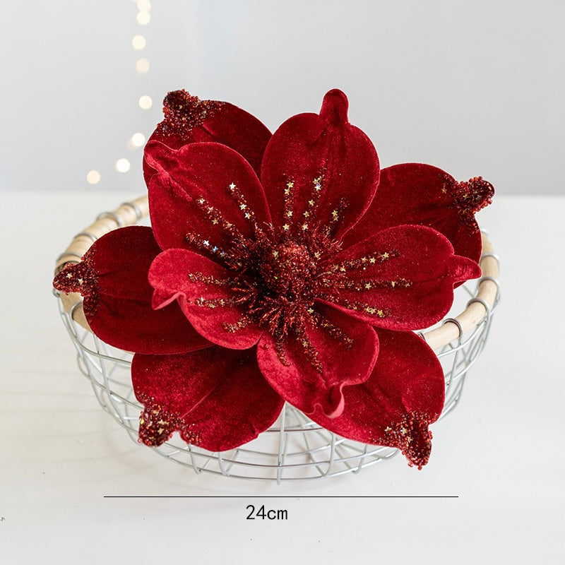 Velvet Glitter Christmas Flowers – Pair (2 pcs), 24 cm Berriscent