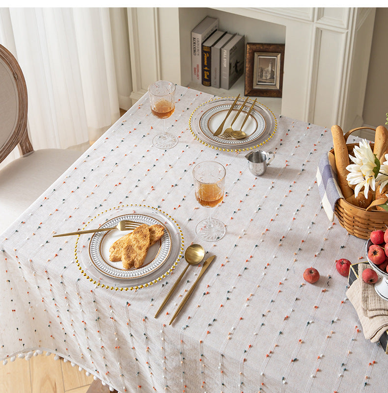 French Romantic Pom Pom Embroidered Tablecloth Berriscent