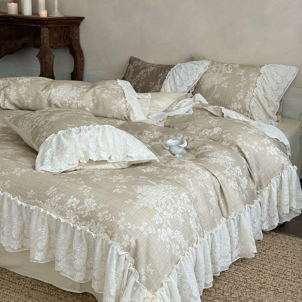 Maison Fleur Lace-Trim Bedding Set - Soft Linen Beige Berriscent