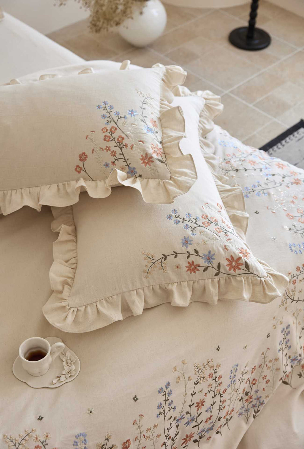 The Wildflower Heirloom | Ruffled & Embroidered Linen Cotton Bed Linen