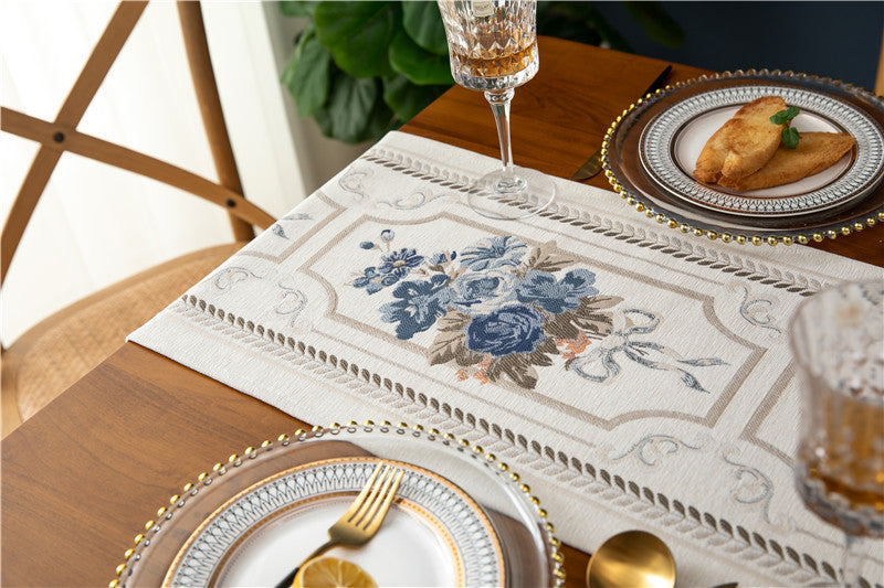 Ivory Blue Jacquard Floral Table Runner with Tassels Berriscent