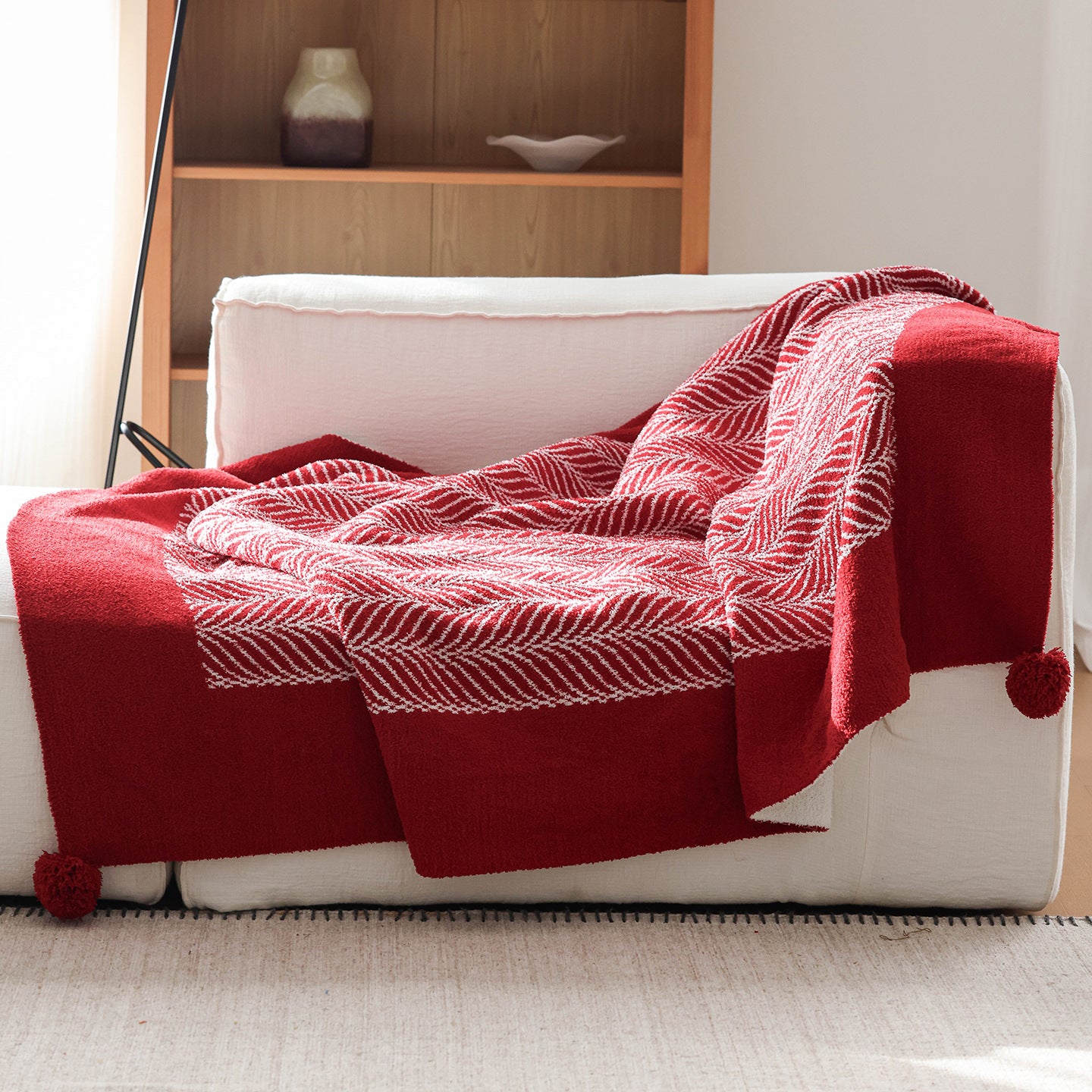 Red Woven Pom-Pom Throw Blanket Berriscent