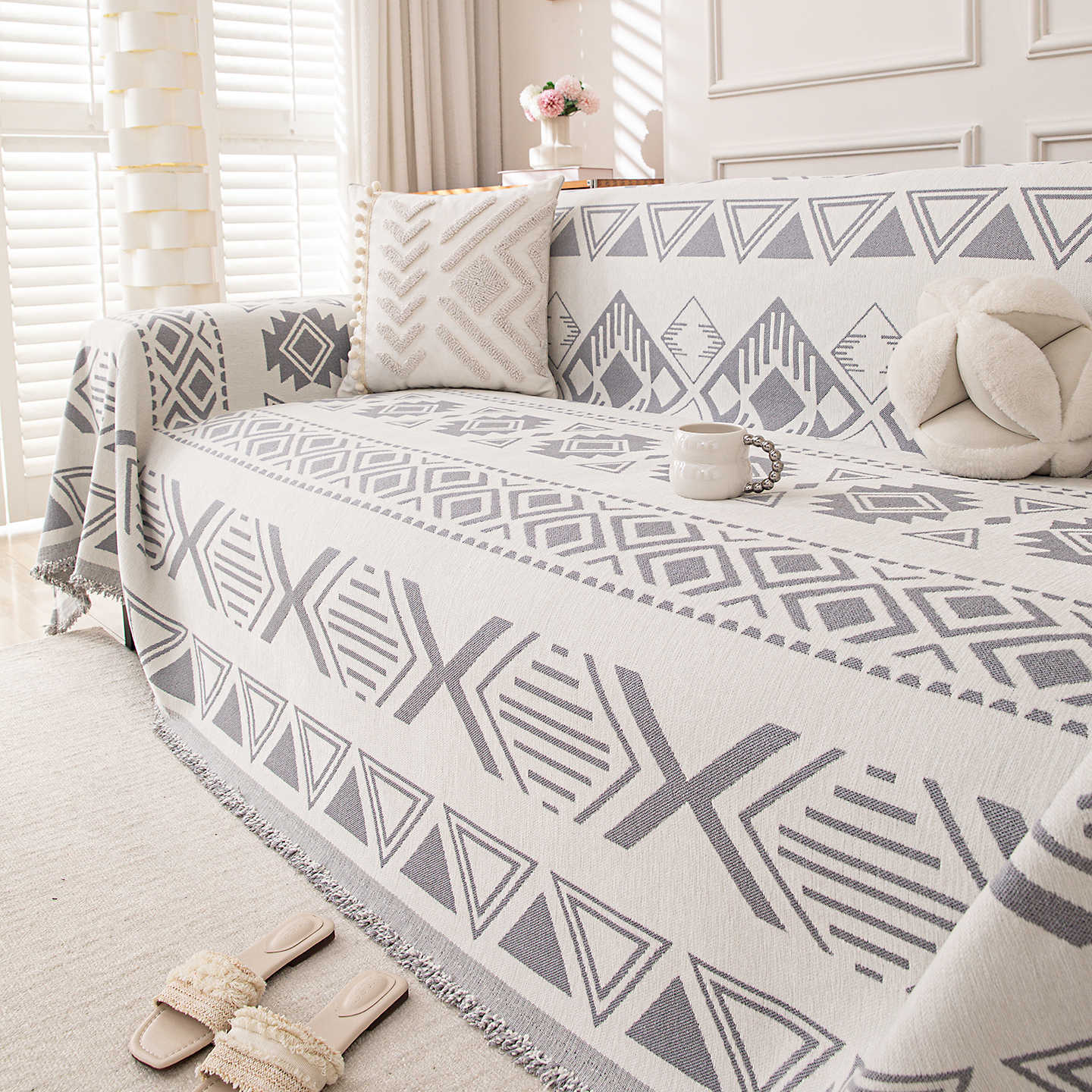 Reversible Geometric Chenille Sofa Cover — Artisanal Comfort Collection