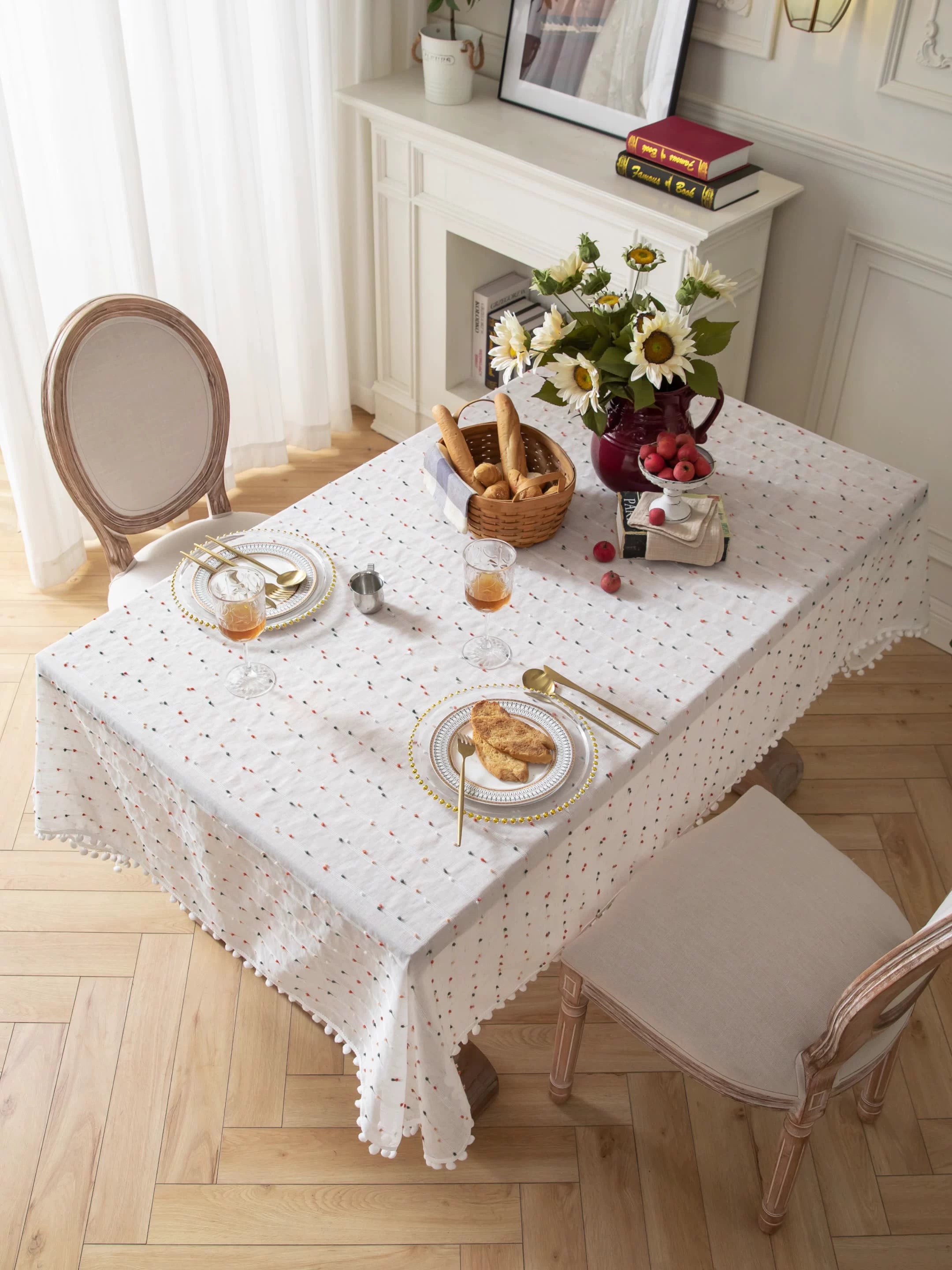 French Romantic Pom Pom Embroidered Tablecloth Berriscent