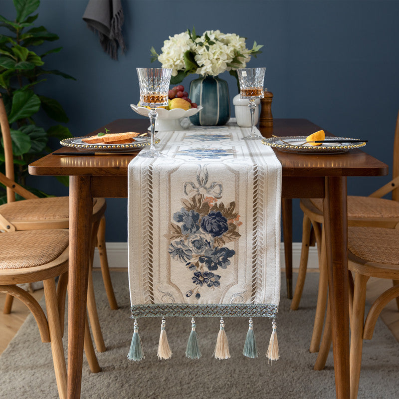 Ivory Blue Jacquard Floral Table Runner with Tassels Berriscent