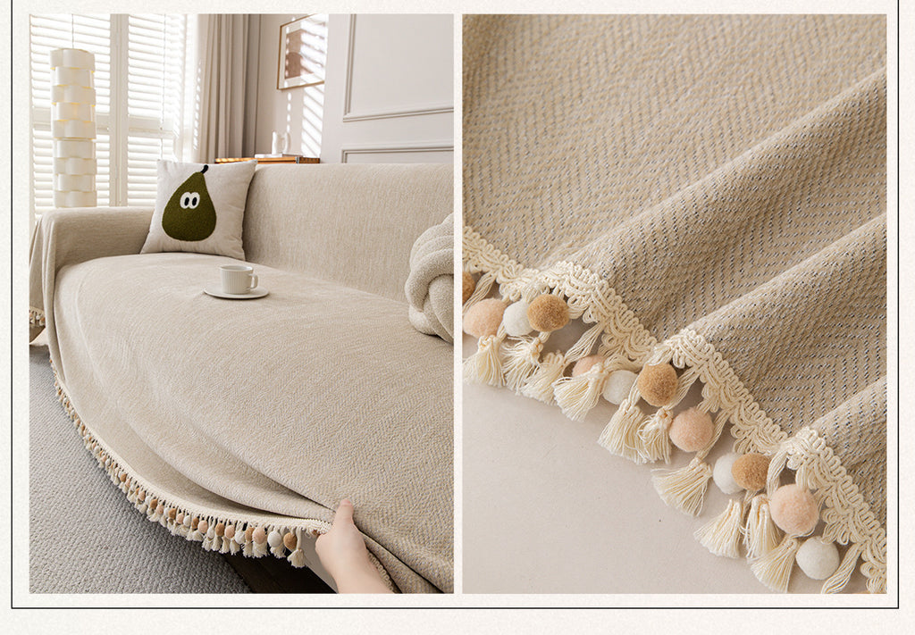 Pom-Tassel Chenille Sofa Cover Berriscent