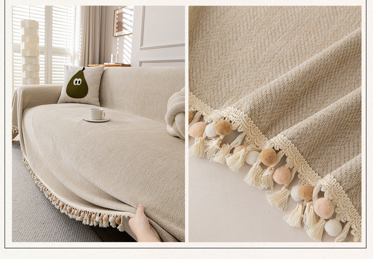 Pom-Tassel Chenille Sofa Cover Berriscent