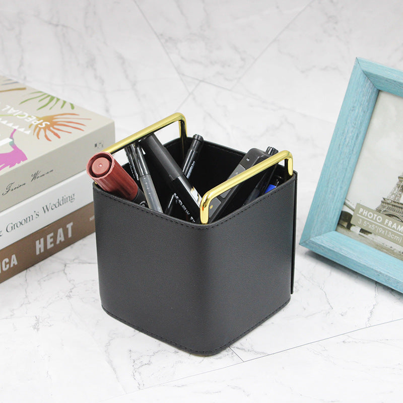 Luxury Leather Desk Organiser with Brass Frame | Modern Home Storage