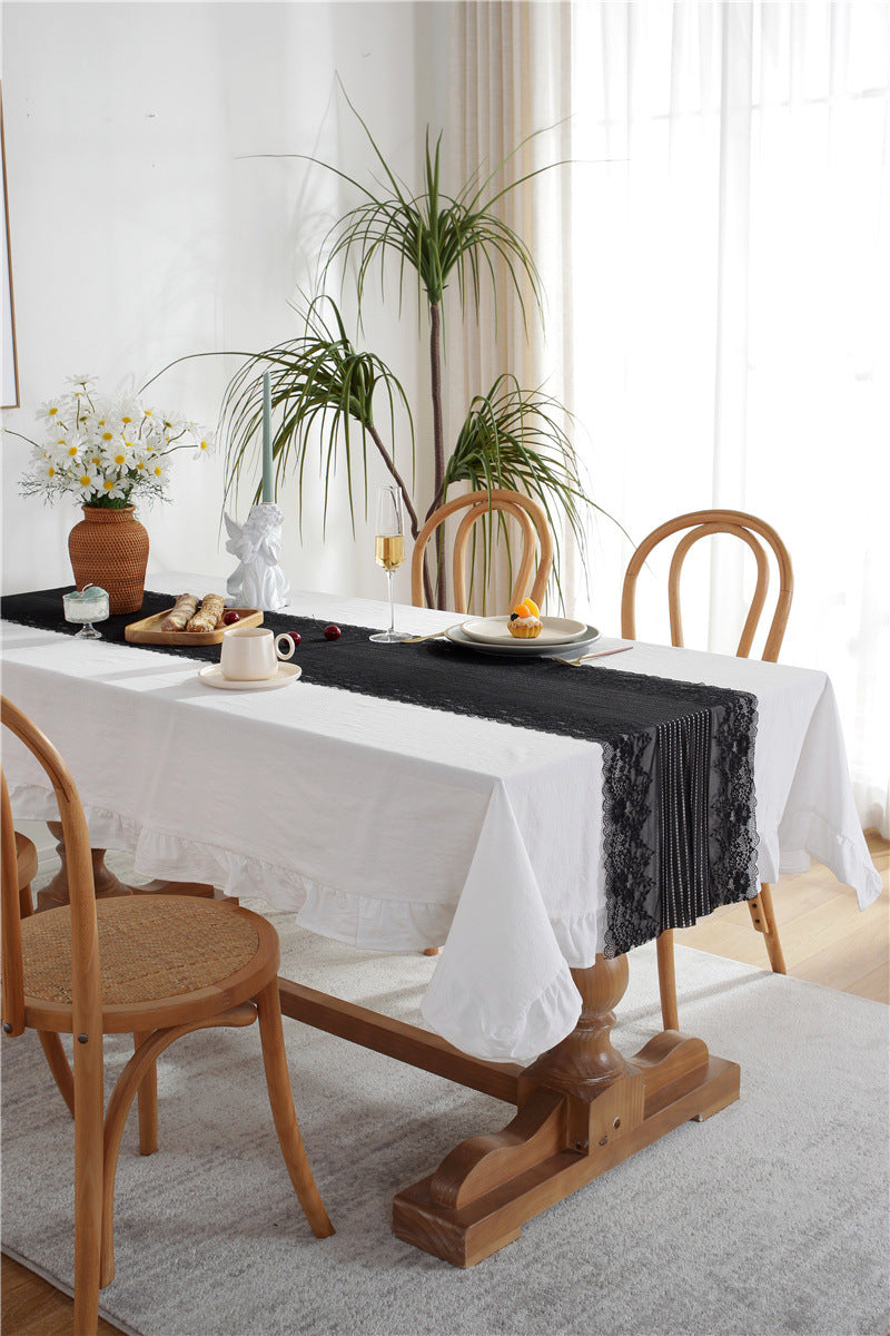 White Tablecloth and Black Lace Runner Set Berriscent